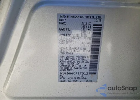 2015 Nissan Pathfinder S from USA, damaged, VIN 5N1AR2MMXFC717012